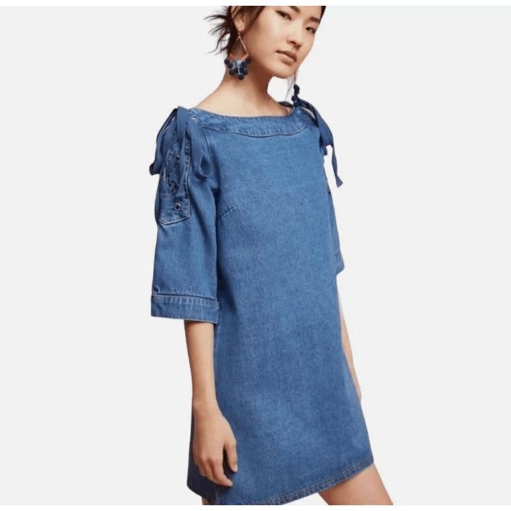 Maeve‎ Anthropologie Denim Lace Up Shoulder Blue Tunic Mini Dress Size XSP